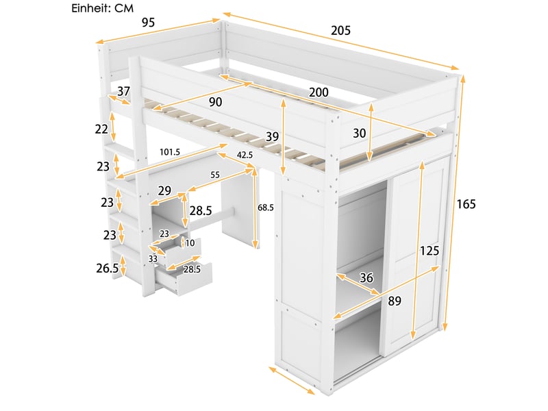 Lit mezzanine enfant 90 × 200 cm 1 place avec bureau, armoire, 2 tiroirs et étagères, sans matelas, en pin, blanc - Conforama D