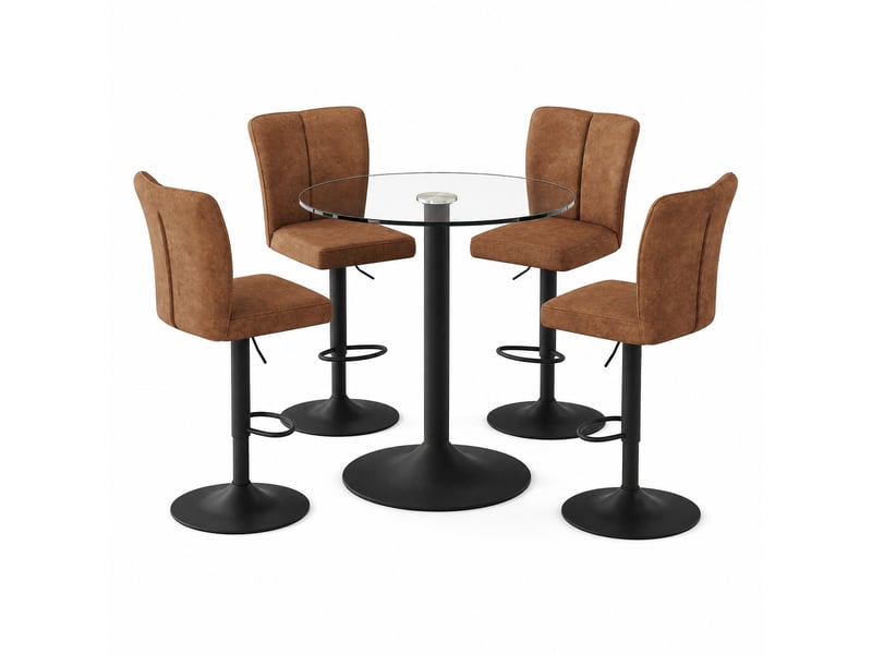  Set de bar moderne avec table ronde en verre 89 cm et 4 tabourets pivotants réglables marron et noir  - Conforama A