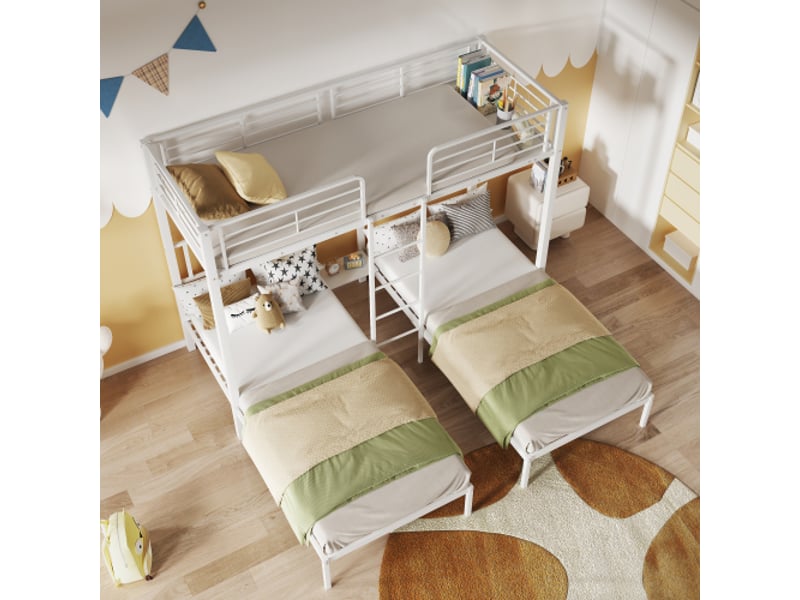  Lit superpose avec rangement lit superpose avec rangement en fer pour enfants et adolescents avec échelle, barrières anti‑chute et table intégrée,blanc  - Conforama D