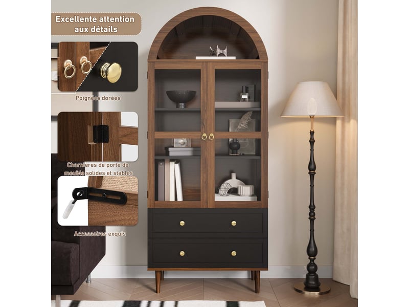  Buffet avec étagères réglables et portes vitrées pour salle à manger en mdf 70×38×165 cm noyer  - Conforama C