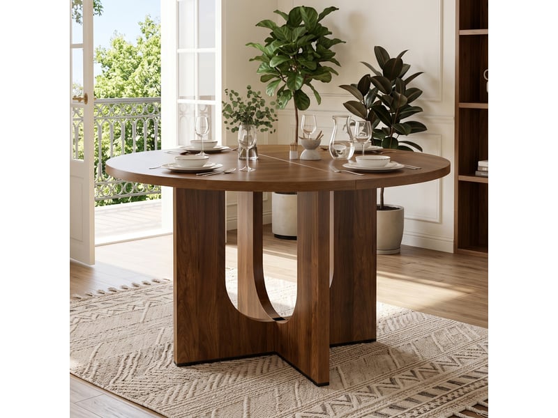 Table ronde 120x120 cm pour 4 à 6 personnes, table à manger classique au style nordique, pour salle à manger ou séjour, sans chaises, noyer OPULERANE TRADING LTD - Conforama B
