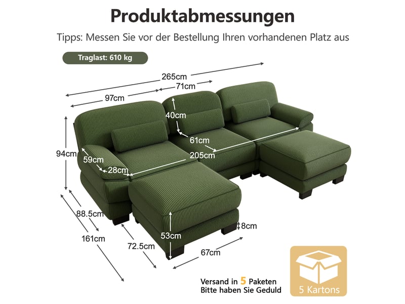  Canapé modulable 3 places 265x161x94 cm avec 2 poufs, assise profonde, coussins d’assise épais, velours côtelé, vert  - Conforama C