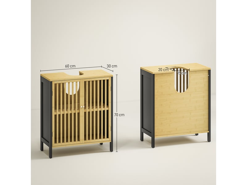  Meuble sous lavabo 60 x 30 x 70 cm, bambou et mdf, 2 portes à lattes, découpe en u  - Conforama E