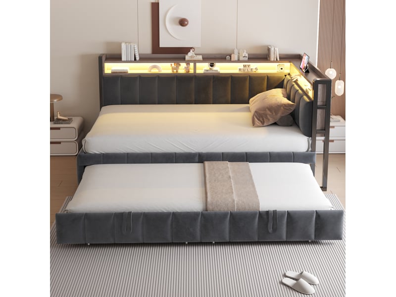  Lit gigogne 90x200 cm en velours gris foncé avec led et ports usb  - Conforama D
