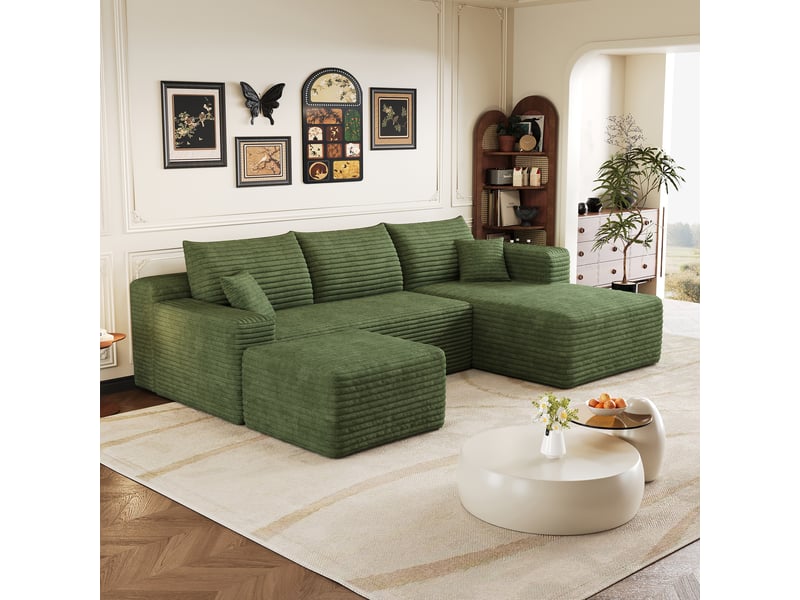  Canapé d’angle vert 4 places en velours côtelé, canapé en l de 241 cm avec méridienne et assise profonde pour le salon  - Conforama W