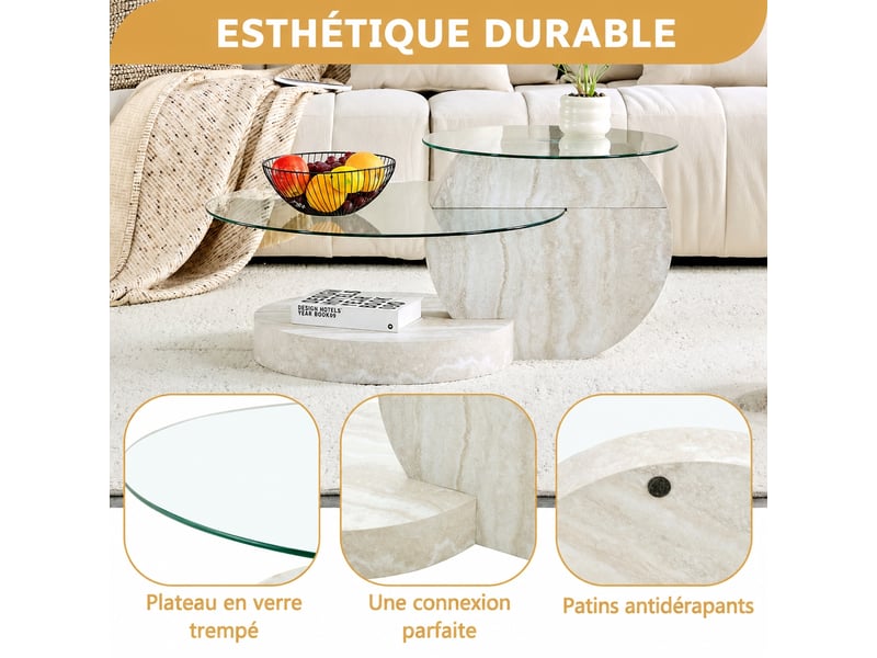 Table basse en verre trempé, table de salon ronde 2 niveaux, structure en mdf gris clair, design moderne et minimaliste - Conforama W
