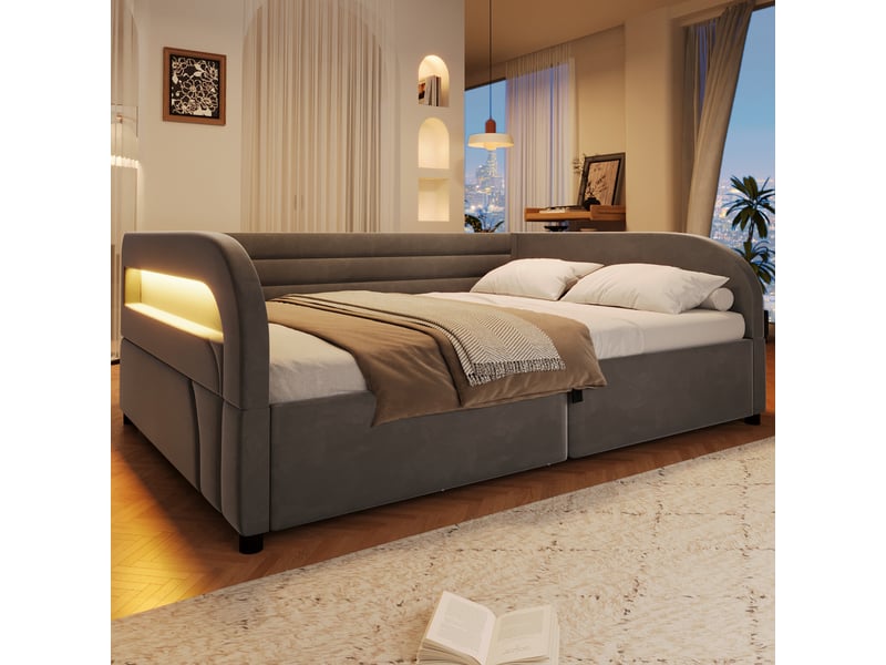  Lit plateforme capitonné 140x200 cm gris avec coffre hydraulique et éclairage led.  - Conforama C