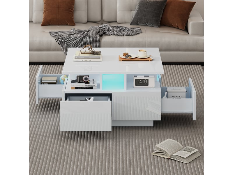 Table basse carrée blanc avec 4 tiroirs - 70x70 cm led panneau de particules table basse blanc - Conforama E