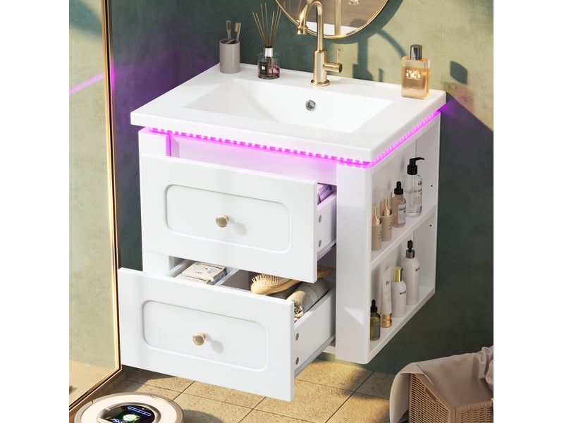  Meuble sous vasque mural avec 2 tiroirs, niche réglable, led et lavabo céramique pour salle de bain, 61 × 47 × 50 cm  - Conforama B