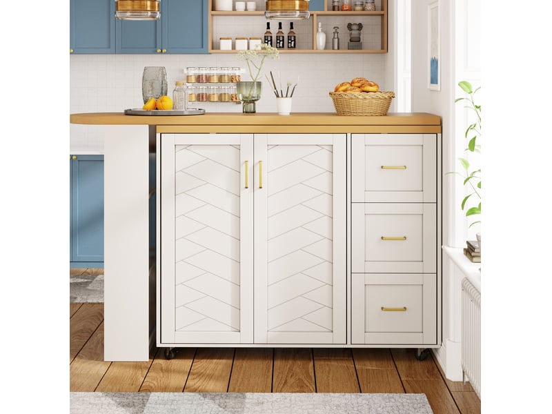  Meuble bar extensible avec 2 portes, 3 tiroirs, panier et roulettes pour cuisine et salon, 135 × 39 × 104 cm  - Conforama C