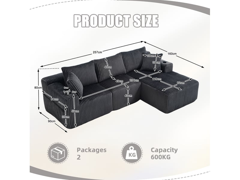  Canapé 3 places ulevr modulable avec méridienne et poches de rangement, 257 x 160 cm, velours côtelé gris  - Conforama C
