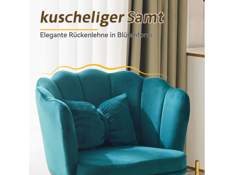  Lot de 6 fauteuils design 63x58x77 cm, dossier pétale, coussins, velours et pieds en métal doré, vert  - Conforama D