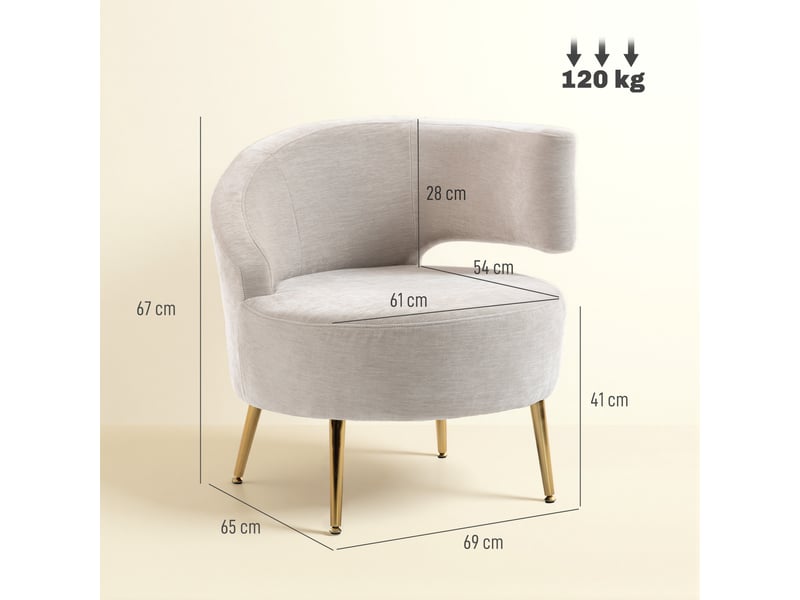  Fauteuil en tissu chenille et pieds en acier doré 69 x 65 x 67 cm blanc crème  - Conforama C