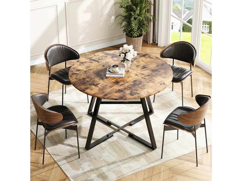 Table à manger ronde pour 6 personnes, table de cuisine style industriel avec plateau aspect bois et pied en métal, 120 x 75 cm  - Conforama W