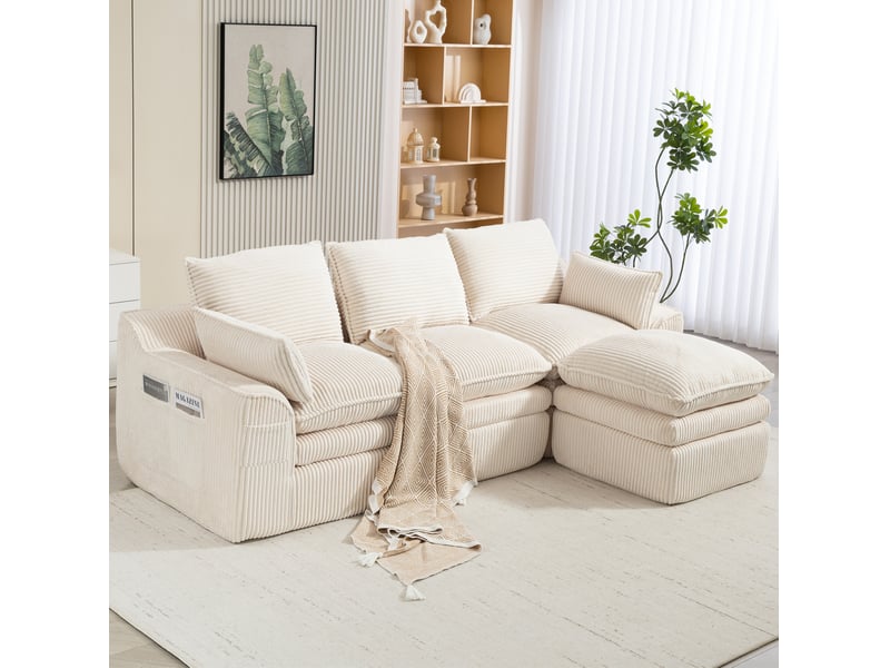  Canapé 3 places modulaire en velours côtelé beige avec pouf et coussins  - Conforama D