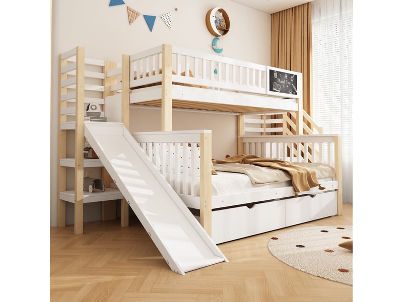  Lit superposé enfant 90x200 cm et 140x200 cm avec toboggan et rangements en bois blanc et naturel sans matelas  - Conforama D