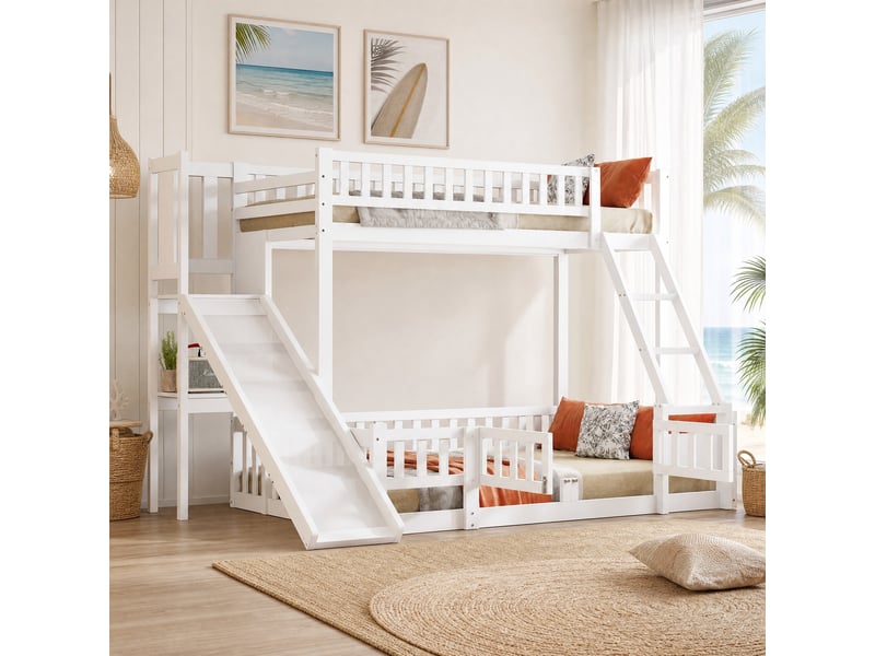 Lit superposé enfant 90x200 et 140x200 cm avec toboggan, échelle, blanc - Conforama B