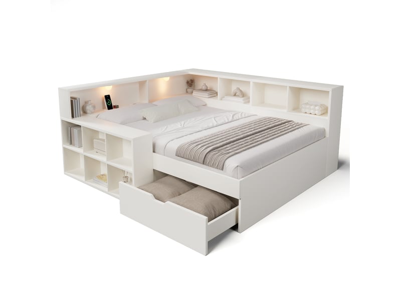  Lit coffre 140 × 190 cm 2 places avec tiroirs, étagères, usb, type-c et lampes de lecture, sans matelas, blanc  - Conforama A