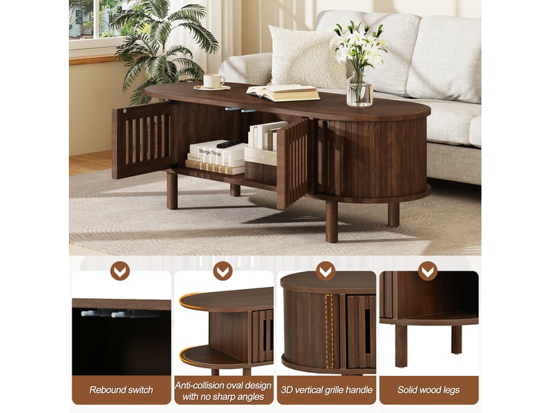  Table basse ovale avec 2 portes à lamelles et porte coulissante, rangement pour salon, en mdf noyer, 100 × 40 × 38 cm  - Conforama E