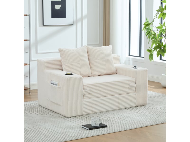  Canapé-lit 2 places 151x133x64 cm avec 2 coussins et porte-gobelet beige sans matelas  - Conforama B