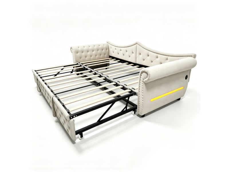 Lit gigogne 90x200 cm, canapé-lit 3-en-1 extensible en velours beige avec led et usb, sans matelas - Conforama R