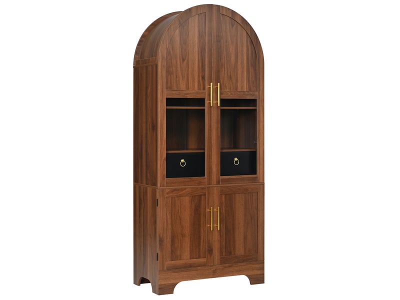 Buffet 76x40x180 cm, forme arquée, éclairage led, 4 portes et 1 tiroir, mdf et panneau de particules, aspect noyer brun - Conforama A