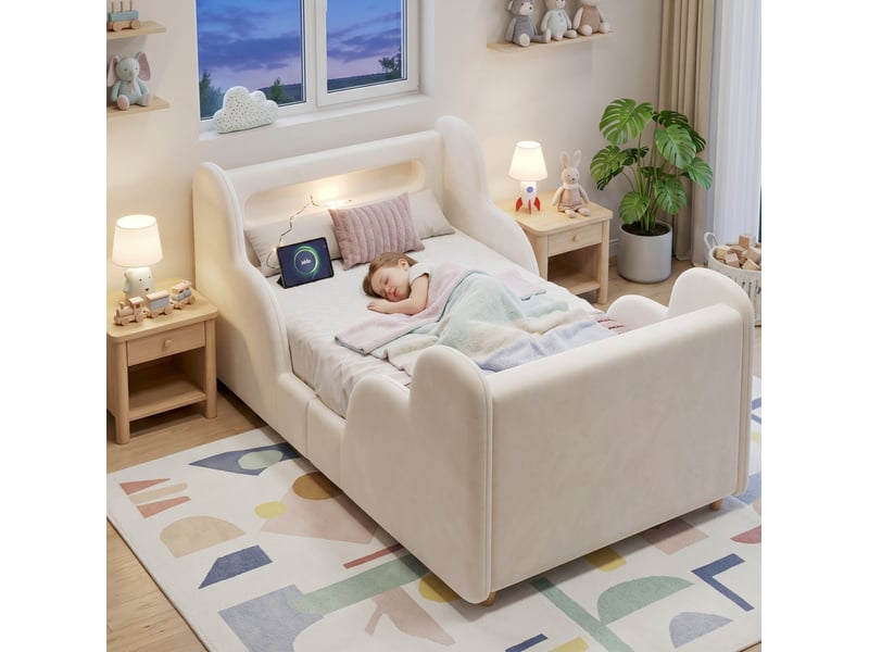  Lit enfant 90x200 cm avec barrières rembourrées, veilleuse et ports usb, velours beige  - Conforama B