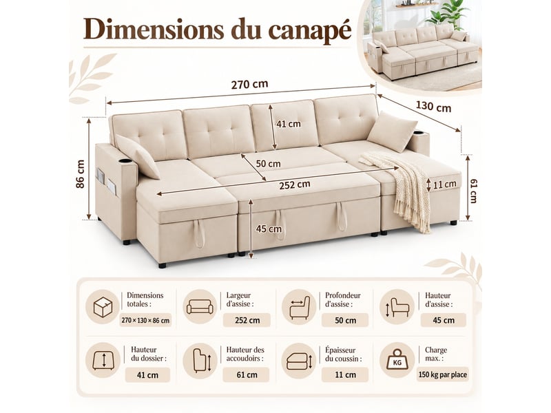 Canapé panoramique convertible 4 places avec coffres, porte-gobelets et poches latérales, tissu beige, 270 × 130 cm - Conforama C
