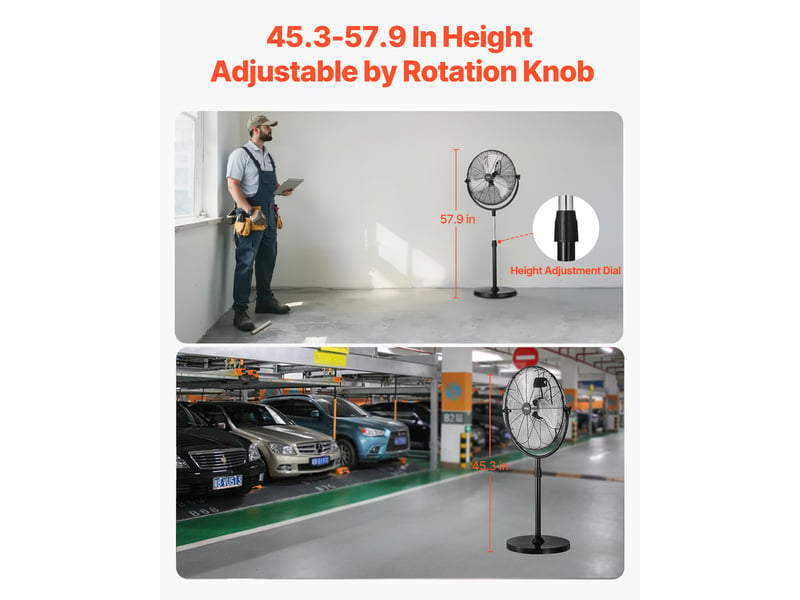  Ventilateur sur pied industriel, 425 mm, ventilateur de sol, hauteur reglable de 1150 a 1470 mm, 3 vitesses reglables, debit deair 4200 cfm, pour chambre a coucher, salon, maison, bureau, noir  - Conforama E