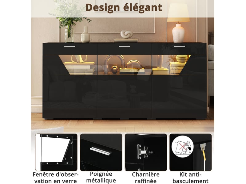  Buffet 160x38x78 cm avec 3 portes led commandée par application panneau de particules couleur noir, confort optimal  - Conforama E