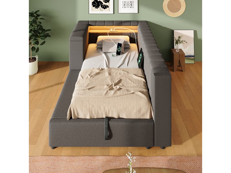  Canapé-lit 90x190cm - avec éclairage led et port de charge usbtype-c - tissu en lin - installation à gauchedroite - gris (matelas non inclus)  - Conforama B