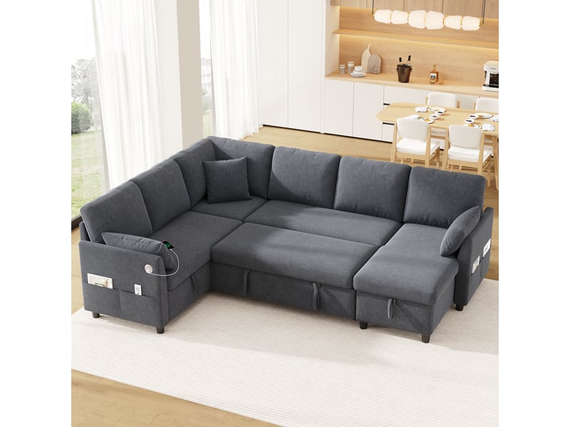  Canapé d'angle en l ou en u – 6 places – avec coffre de rangement – ​​avec ports usbtype-c – avec 3 coussins – gris  - Conforama D