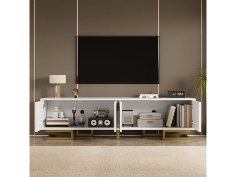  Meuble tv, lowboard avec porte texturée, meuble tv, poignées dorées et pieds dorés des pieds réglables.170x40x45,5cm  - Conforama C