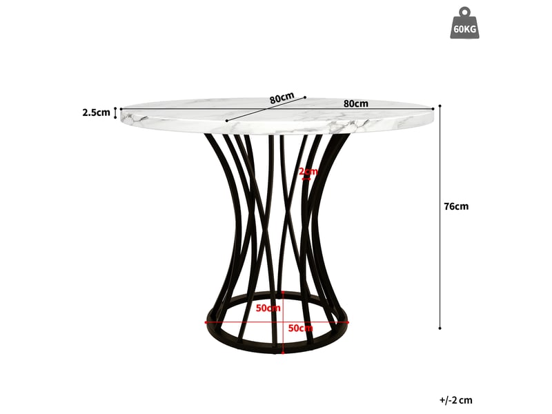  Table ronde 80x80x76cm avec pieds métalliques, finition noire, style géométrique, plateau aggloméré, adaptée au salon, motif imitation marbre (non marbre)  - Conforama C