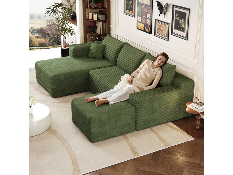  Canapé d’angle vert 4 places en velours côtelé, canapé moderne 241 cm avec méridienne pour salon, assise profonde et confortable  - Conforama R