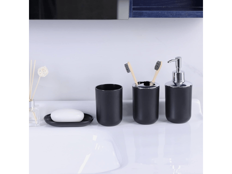  Ensemble d'accessoires de salle de bain 6 pièces avec poubelle, distributeur de savon, porte-savon, noir  - Conforama B