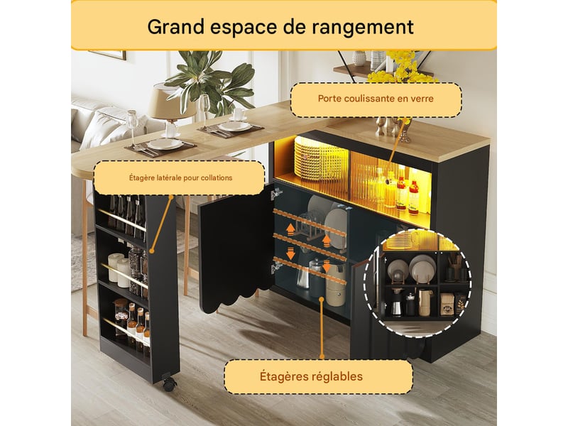  Table de bar extensible avec éclairage led et rangements 135-205x39x100 cm noir N620BZ251007B - Conforama D