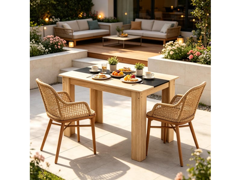  Table à manger rectangulaire moderne pour 4 à 6 personnes, plateau mélaminé bicolore chêne et noir, patins antidérapants  - Conforama B