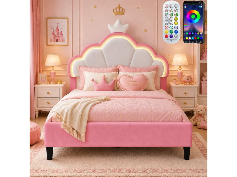  Lit pour enfant rembourré 140 x 200 cm,lit princesse avec tête de lit à couronne led, lit fille, réglage hauteur, velours rose  - Conforama W