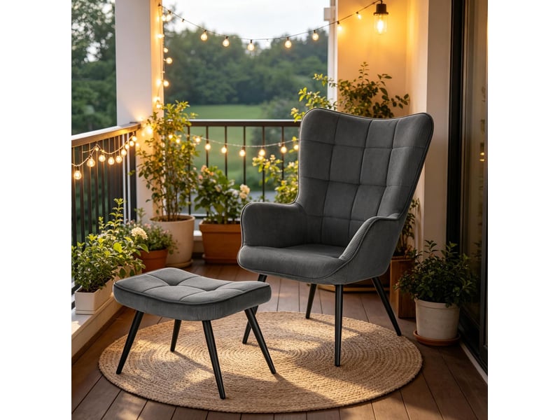  Fauteuil avec pouf en velours côtelé avec dossier haut et structure métallique gris foncé  - Conforama B