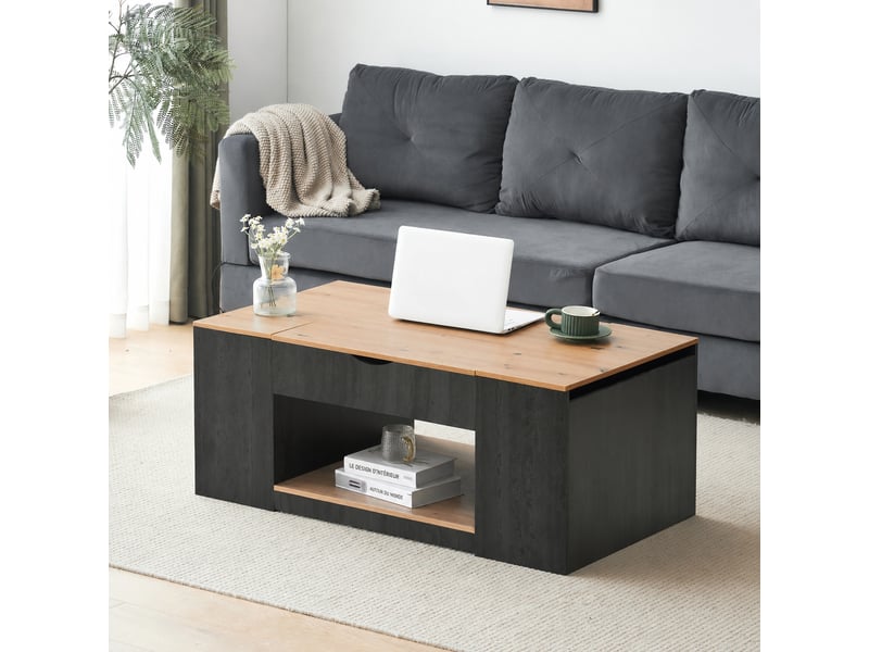  Table basse relevable avec rangement, 3 compartiments, 109,5 cm, gris et marron effet bois  - Conforama D