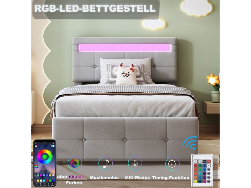  Lit coffre 90x200, coffre de rangement lit une personne, ouverture hydraulique assistée, revêtement velours, tête de lit réglable, éclairage led  - Conforama E