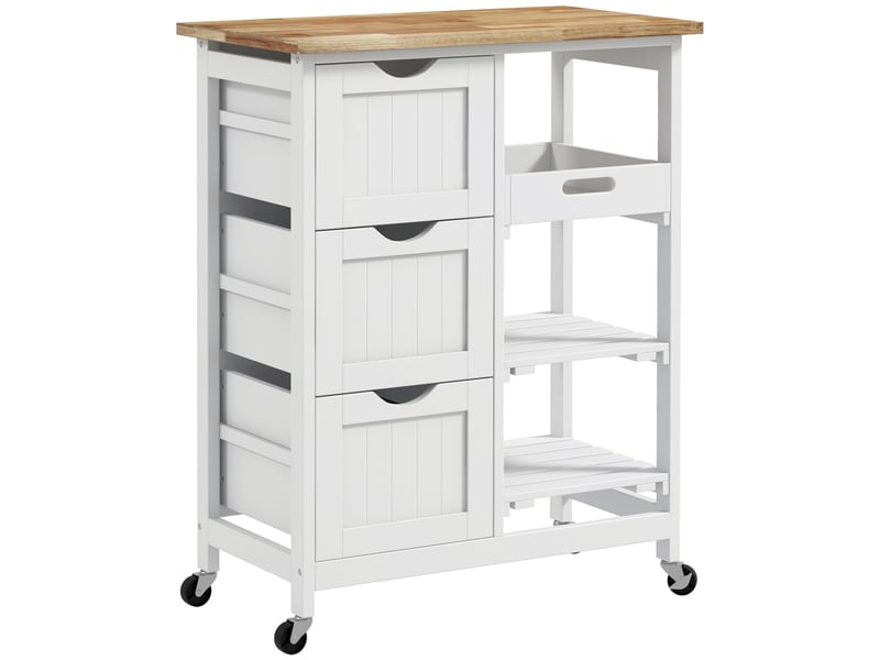  Chariot desserte de cuisine à roulettes plan de travail en bois 3 tiroirs + 1 plateau amovible blanc 67 x 37 x 85,5 cm  - Conforama B