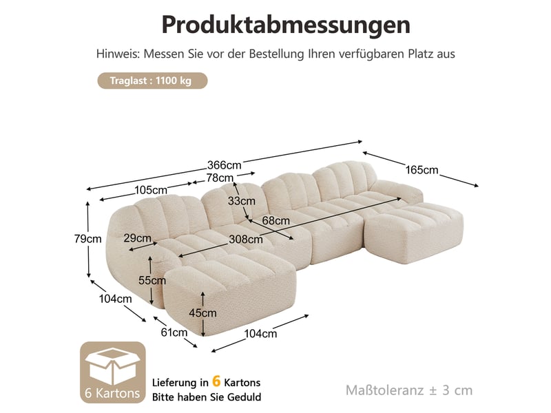 Canapé modulaire u ulevr 4 places avec 2 ottomans, 366 x 165 x 79 cm, tissu bouclette beige et blanc, mousse 32d - Conforama C