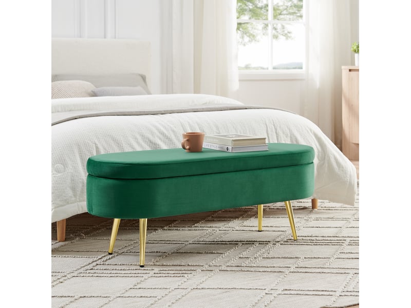  Banc de rangement ovale 110x40x42 cm en velours vert foncé avec pieds dorés  - Conforama E