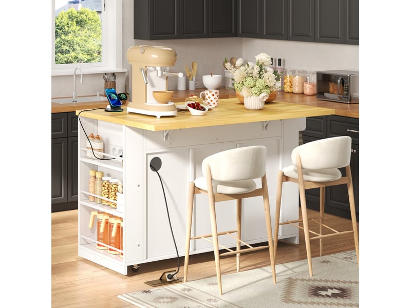 Desserte de cuisine mobile avec 3 tiroirs, portes coulissantes, plan rabattable et prises 130 × 80 × 87 cm - Conforama D