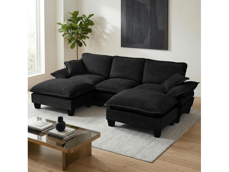 Canapé d’angle modulable en u modenvie 5 places avec 2 poufs mobiles et 2 coussins souples, revêtement chenille noir - Conforama B
