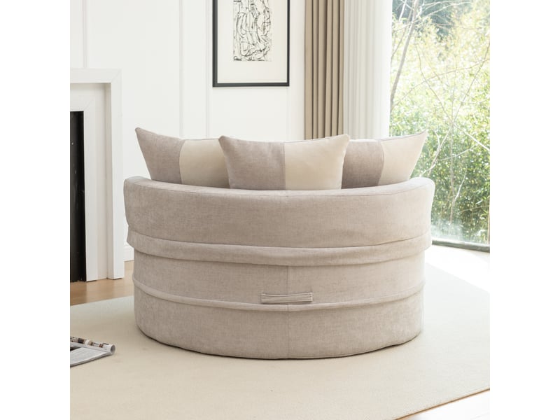 Fauteuil rond gris avec pouf, fauteuil lounge en chenille avec cinq coussins, assise mi-ferme pour salon, 163 x 121 x 66 cm - Conforama R