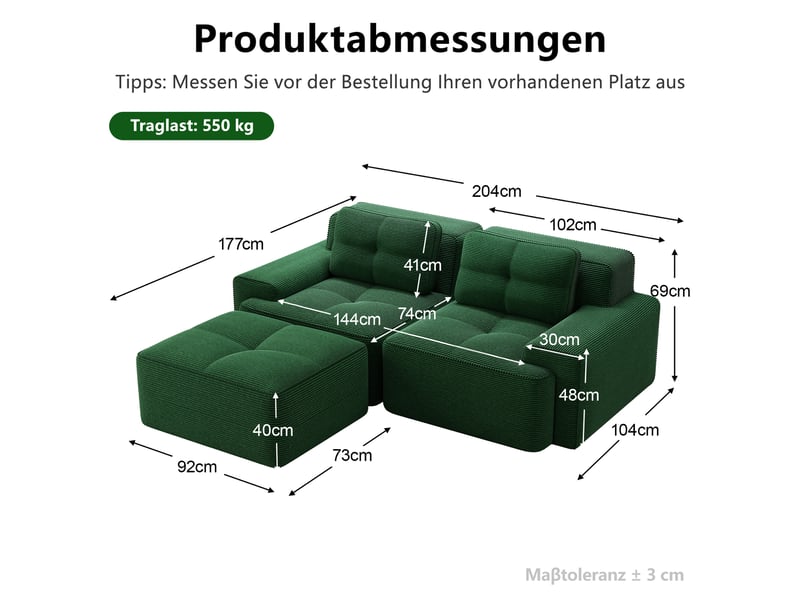  Canapé d'angle modulable ulevr 2 places avec ottomane, assise profonde 74 cm, velours côtelé vert, 204 x 177 x 69 cm  - Conforama C