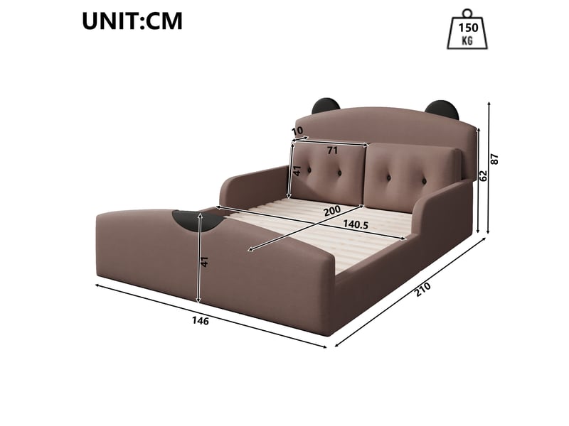  Lit double 140x200 cm tête de lit ours rembourrée en lin coloris café  - Conforama E